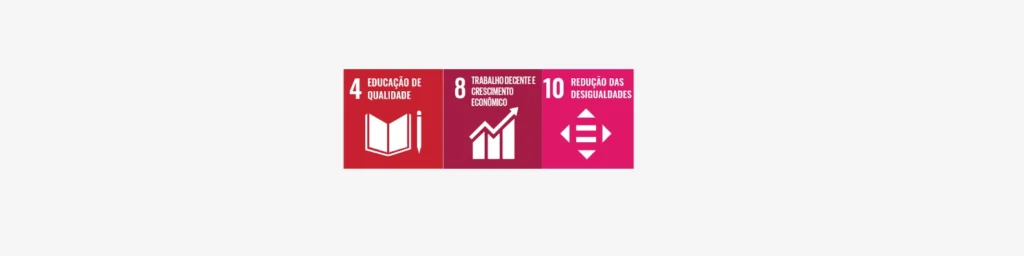 Quatro tipos de símbolos sobre fundo cinza claro, destacando os ODS da ONU relacionados à educação, trabalho e desigualdade.